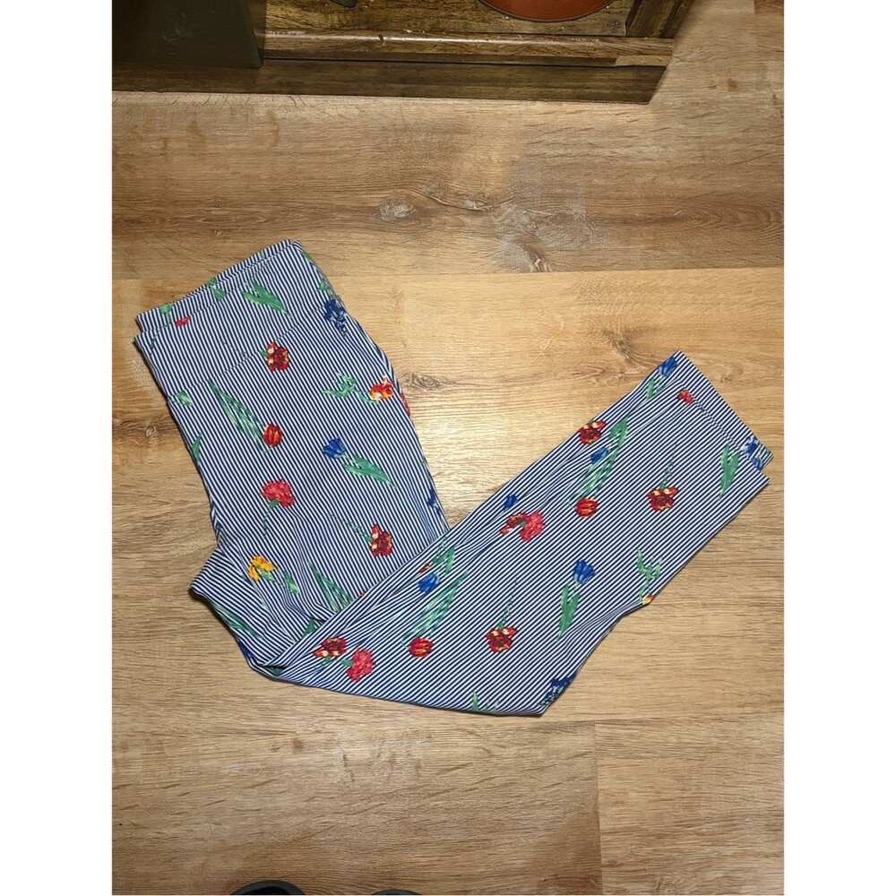 Striped Floral Ponte Pant — Navy & White with Red, Blue, Yellow Flowers